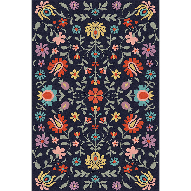 Classic Floral Pattern Rug with Leaf Navy Polyester Rug Machine Washable Non-Slip Area Rug for Bedroom Clearhalo 'Area Rug' 'Rugs' 'Vintage' Rug' 1643632