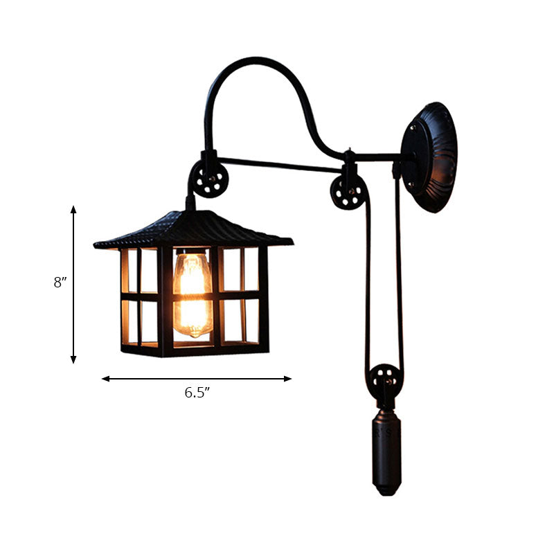 Square/Rectangle Cage Indoor Wall Lamp Farmhouse Style Metal 1 Light Black Wall Mounted Light with Pulley Clearhalo 'Art deco wall lights' 'Cast Iron' 'Glass' 'Industrial wall lights' 'Industrial' 'Middle century wall lights' 'Modern' 'Rustic wall lights' 'Tiffany' 'Traditional wall lights' 'Wall Lamps & Sconces' 'Wall Lights' Lighting' 164508