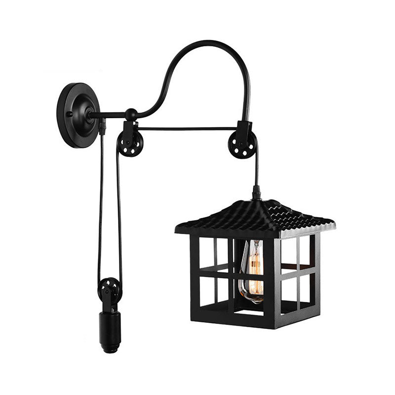 Square/Rectangle Cage Indoor Wall Lamp Farmhouse Style Metal 1 Light Black Wall Mounted Light with Pulley Clearhalo 'Art deco wall lights' 'Cast Iron' 'Glass' 'Industrial wall lights' 'Industrial' 'Middle century wall lights' 'Modern' 'Rustic wall lights' 'Tiffany' 'Traditional wall lights' 'Wall Lamps & Sconces' 'Wall Lights' Lighting' 164510