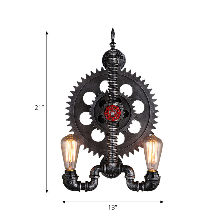 2 Lights Open Bulb Wall Lamp with Gear Design Farmhouse Black Finish Metallic Wall Mounted Lighting over Table Clearhalo 'Art deco wall lights' 'Cast Iron' 'Glass' 'Industrial wall lights' 'Industrial' 'Middle century wall lights' 'Modern' 'Rustic wall lights' 'Tiffany' 'Traditional wall lights' 'Wall Lamps & Sconces' 'Wall Lights' Lighting' 164580