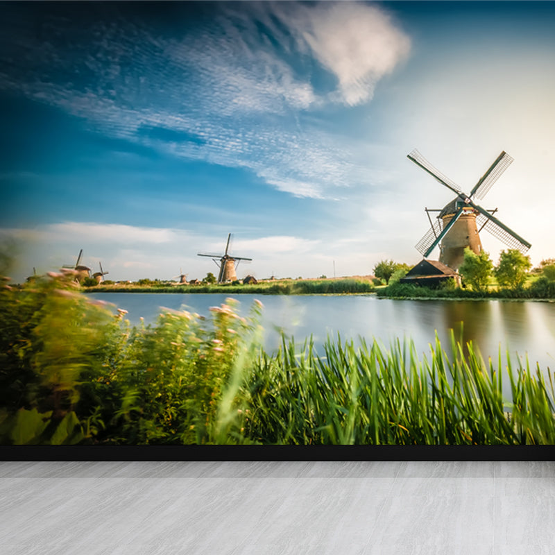 Full Size Photography Modern Mural Wallpaper with Windmill and Grassland in Green Clearhalo 'Wall Decor' 'Wall Mural' 1646221