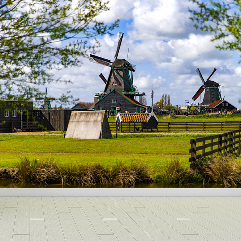 Full Size Photography Modern Mural Wallpaper with Windmill and Grassland in Green Clearhalo 'Wall Decor' 'Wall Mural' 1646226