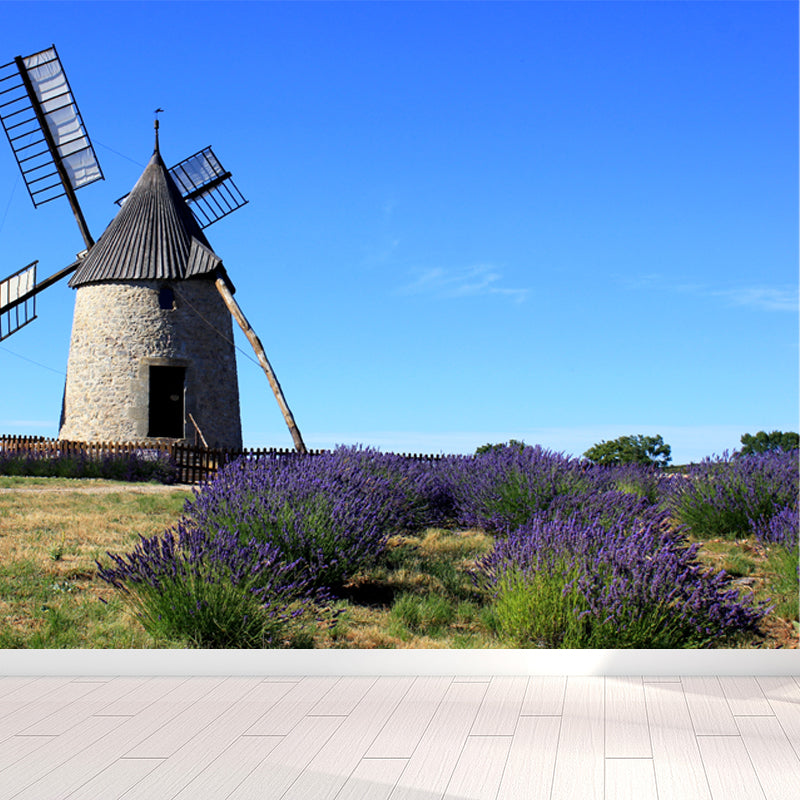 Full Size Photography Modern Mural Wallpaper with Windmill and Grassland in Green Clearhalo 'Wall Decor' 'Wall Mural' 1646232