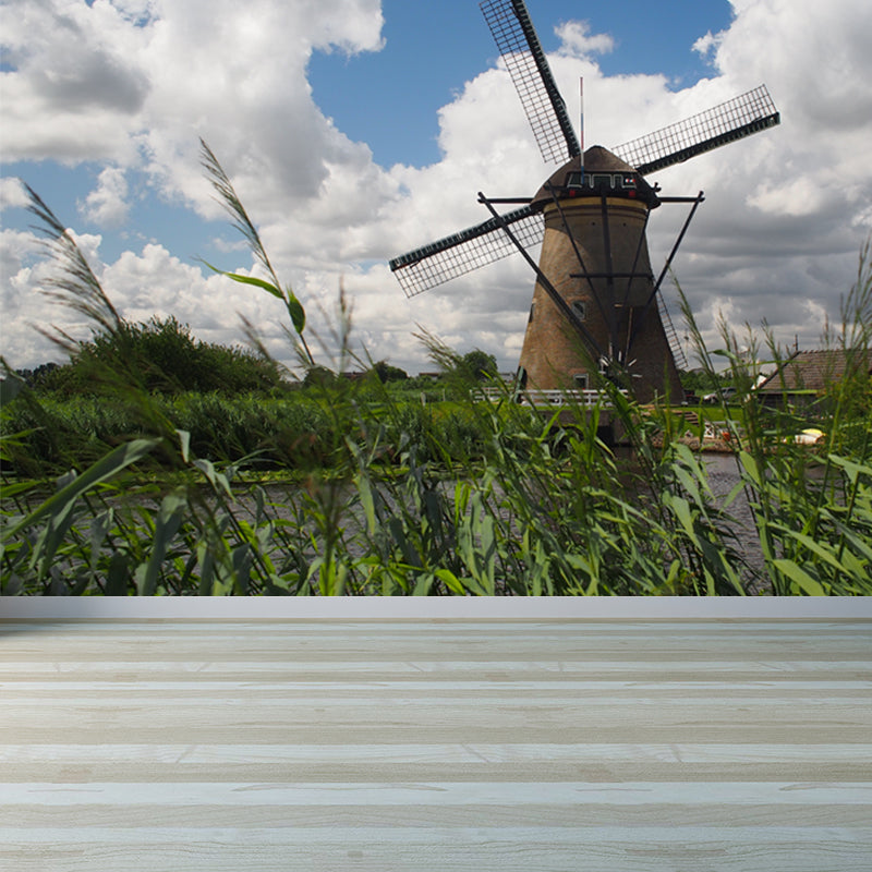 Full Size Photography Modern Mural Wallpaper with Spring Windmill Landscape in Blue Clearhalo 'Wall Decor' 'Wall Mural' 1646261