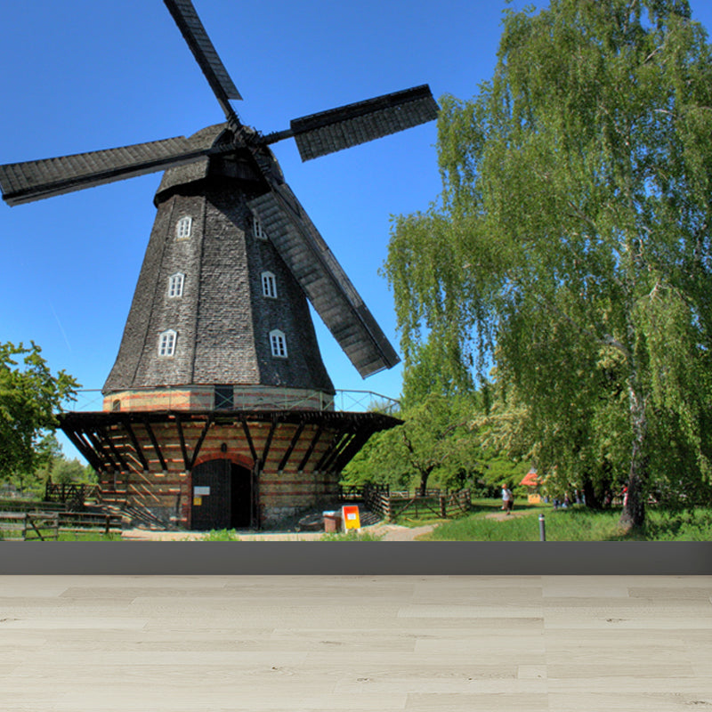 Full Size Photography Modern Mural Wallpaper with Spring Windmill Landscape in Blue Clearhalo 'Wall Decor' 'Wall Mural' 1646267