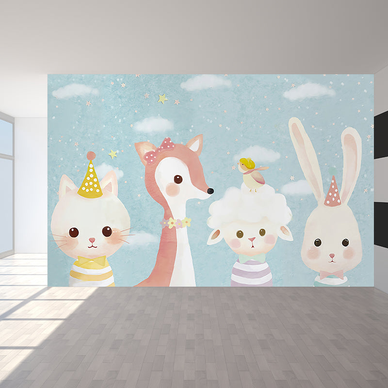 Giant Children's Art Wall Mural in Pastel Color Cartoon Animals Wall Decor, Custom Printed Clearhalo 'Wall Decor' 'Wall Mural' 1646301