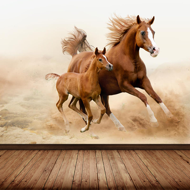 Running Horse Scenery Mural Decal for Girls Bedroom, Brown, Custom Size Available Clearhalo 'Wall Decor' 'Wall Mural' 1646387