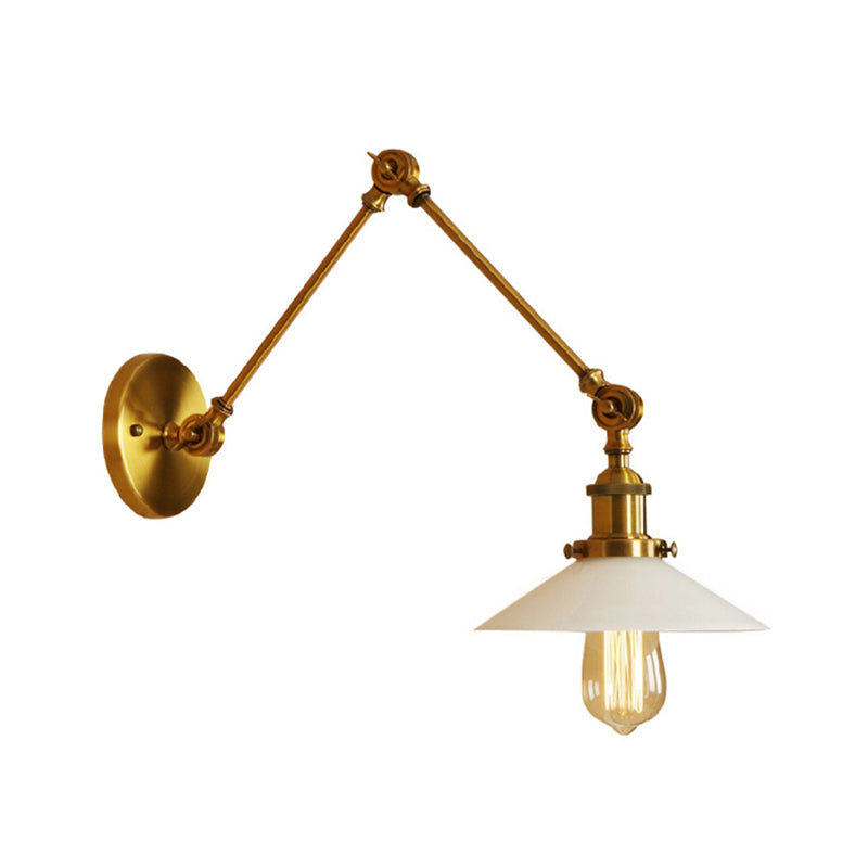 1 Light Saucer Shade Sconce Light Fixture Industrial Brass/Bronze Frosted Glass Wall Lamp with Swing Arm Clearhalo 'Art deco wall lights' 'Cast Iron' 'Glass' 'Industrial wall lights' 'Industrial' 'Middle century wall lights' 'Modern' 'Rustic wall lights' 'Tiffany' 'Traditional wall lights' 'Wall Lamps & Sconces' 'Wall Lights' Lighting' 164654