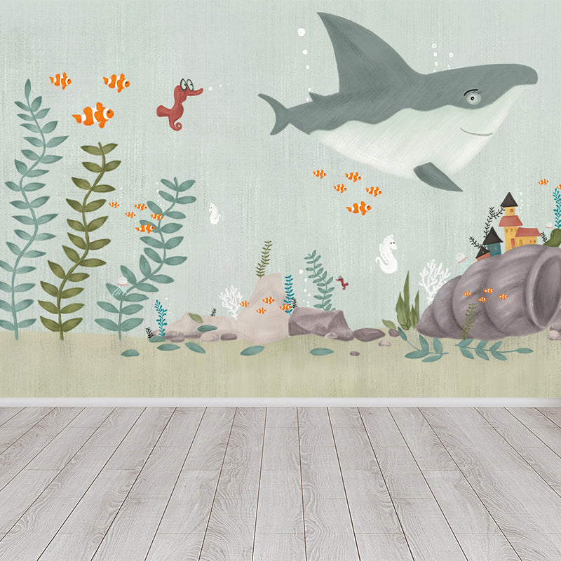 Whale and Boat Wall Mural Children's Art Decorative Kids Bedroom Wall Covering, Custom Clearhalo 'Wall Decor' 'Wall Mural' 1646557