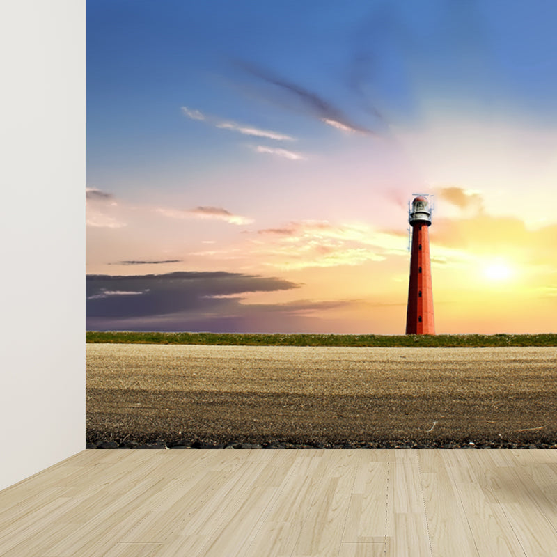 Large Shining Beacon Mural Wallpaper Nautical Seaside Landscape Wall Art in Blue Clearhalo 'Wall Decor' 'Wall Mural' 1648225