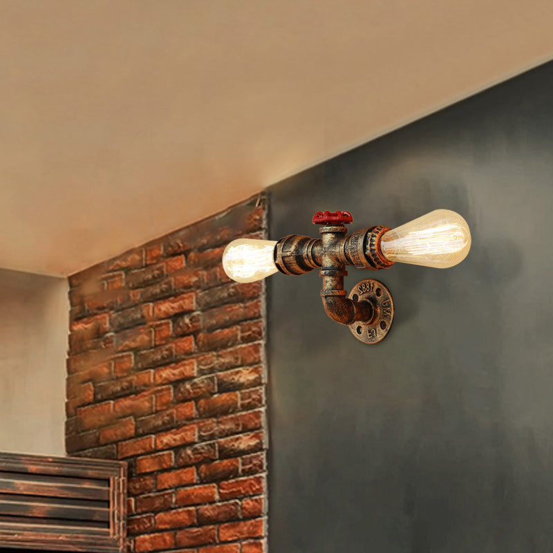 Bronze/Antique Brass 2 Heads Wall Light Fixture Warehouse Style Wrought Iron Bare Bulb Sconce Lamp with Pipe and Valve Antique Brass Clearhalo 'Art deco wall lights' 'Cast Iron' 'Glass' 'Industrial wall lights' 'Industrial' 'Middle century wall lights' 'Modern' 'Rustic wall lights' 'Tiffany' 'Traditional wall lights' 'Wall Lamps & Sconces' 'Wall Lights' Lighting' 164824