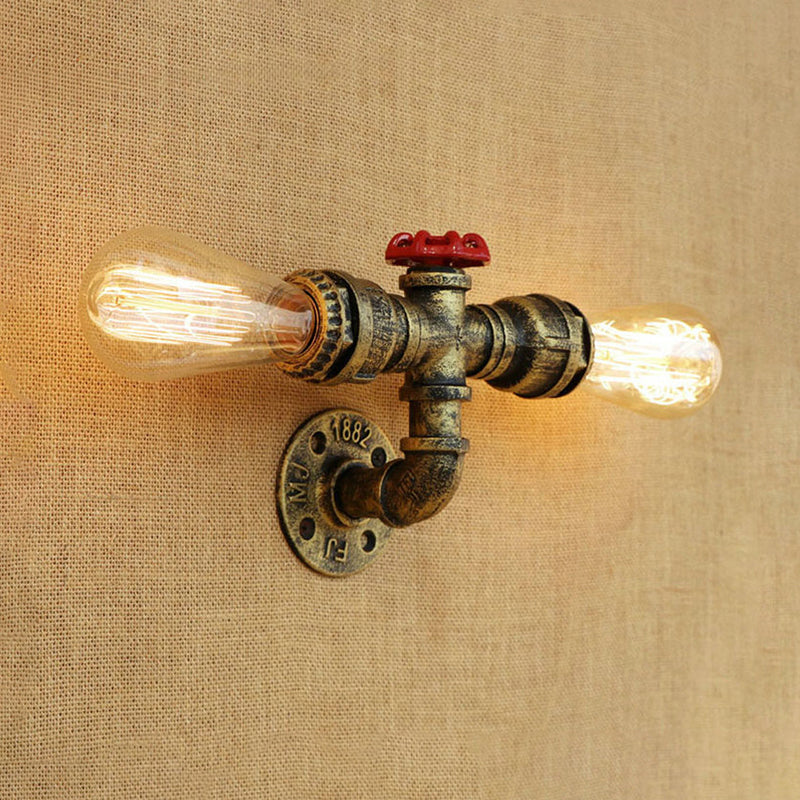 Bronze/Antique Brass 2 Heads Wall Light Fixture Warehouse Style Wrought Iron Bare Bulb Sconce Lamp with Pipe and Valve Bronze Clearhalo 'Art deco wall lights' 'Cast Iron' 'Glass' 'Industrial wall lights' 'Industrial' 'Middle century wall lights' 'Modern' 'Rustic wall lights' 'Tiffany' 'Traditional wall lights' 'Wall Lamps & Sconces' 'Wall Lights' Lighting' 164828