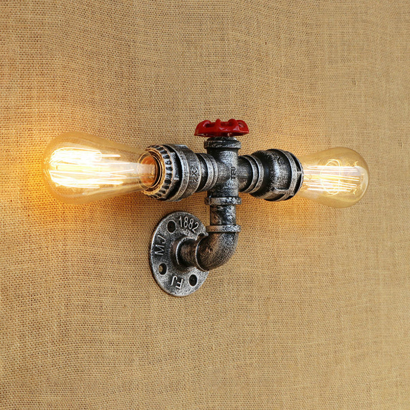 Bronze/Antique Brass 2 Heads Wall Light Fixture Warehouse Style Wrought Iron Bare Bulb Sconce Lamp with Pipe and Valve Aged Silver Clearhalo 'Art deco wall lights' 'Cast Iron' 'Glass' 'Industrial wall lights' 'Industrial' 'Middle century wall lights' 'Modern' 'Rustic wall lights' 'Tiffany' 'Traditional wall lights' 'Wall Lamps & Sconces' 'Wall Lights' Lighting' 164830