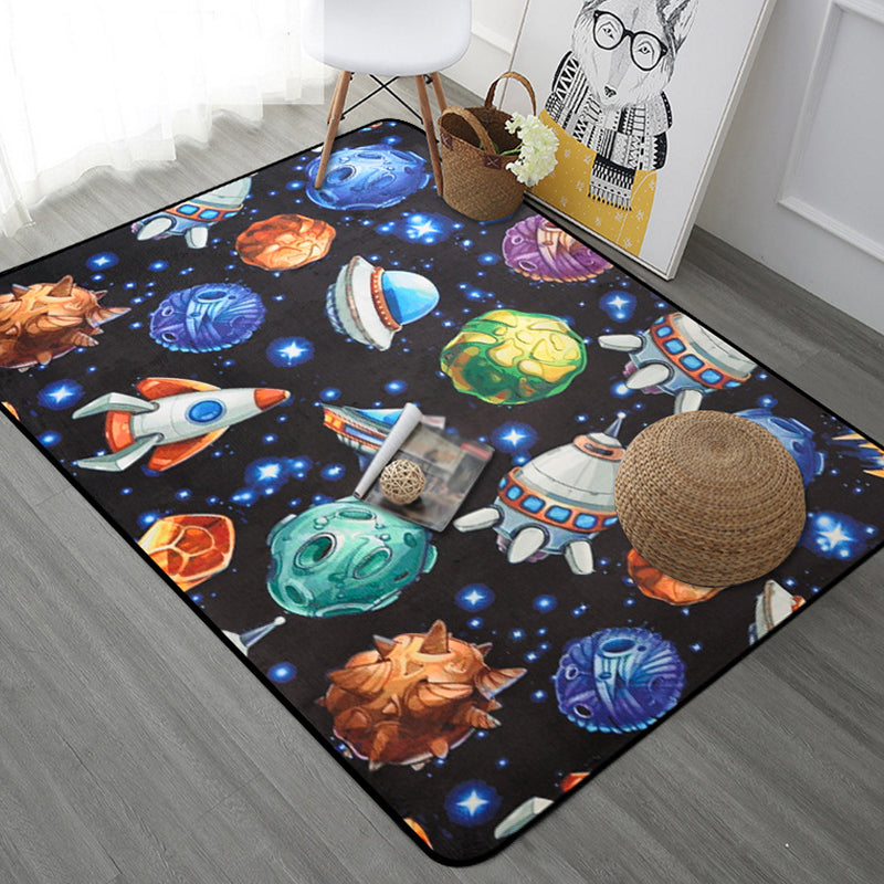 Kids Child's Room Rug in Blue and Black Outer Space Spaceship Planet Print Rug Polyester Machine Washable Area Rug Black Design 1 Clearhalo 'Area Rug' 'Rug' 1648569