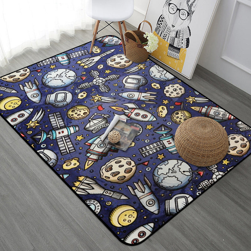 Kids Child's Room Rug in Blue and Black Outer Space Spaceship Planet Print Rug Polyester Machine Washable Area Rug Blue Design 1 Clearhalo 'Area Rug' 'Rug' 1648574