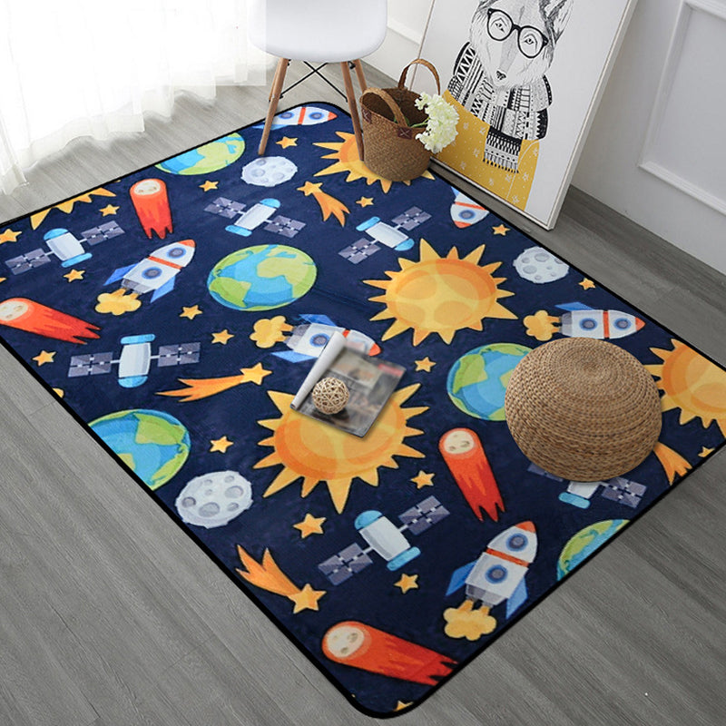 Kids Child's Room Rug in Blue and Black Outer Space Spaceship Planet Print Rug Polyester Machine Washable Area Rug Blue Design 2 Clearhalo 'Area Rug' 'Rug' 1648575