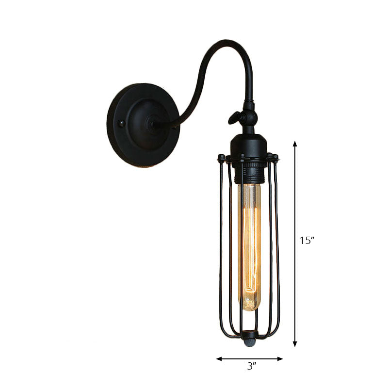 Black Globe/Oval Cage Wall Mount Light with Gooseneck Arm Retro Style Metallic 1 Head Bedroom Mini Wall Lamp Clearhalo 'Art deco wall lights' 'Cast Iron' 'Glass' 'Industrial wall lights' 'Industrial' 'Middle century wall lights' 'Modern' 'Rustic wall lights' 'Tiffany' 'Traditional wall lights' 'Wall Lamps & Sconces' 'Wall Lights' Lighting' 164861