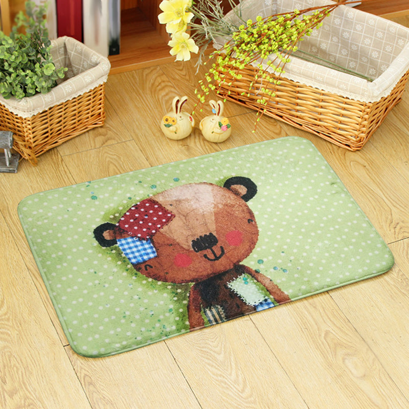 Blue and Green Nursery Rug Kids Animal Bear Rabbit Bee Pattern Area Rug Polyester Machine Washable Carpet Green 2' x 2'11