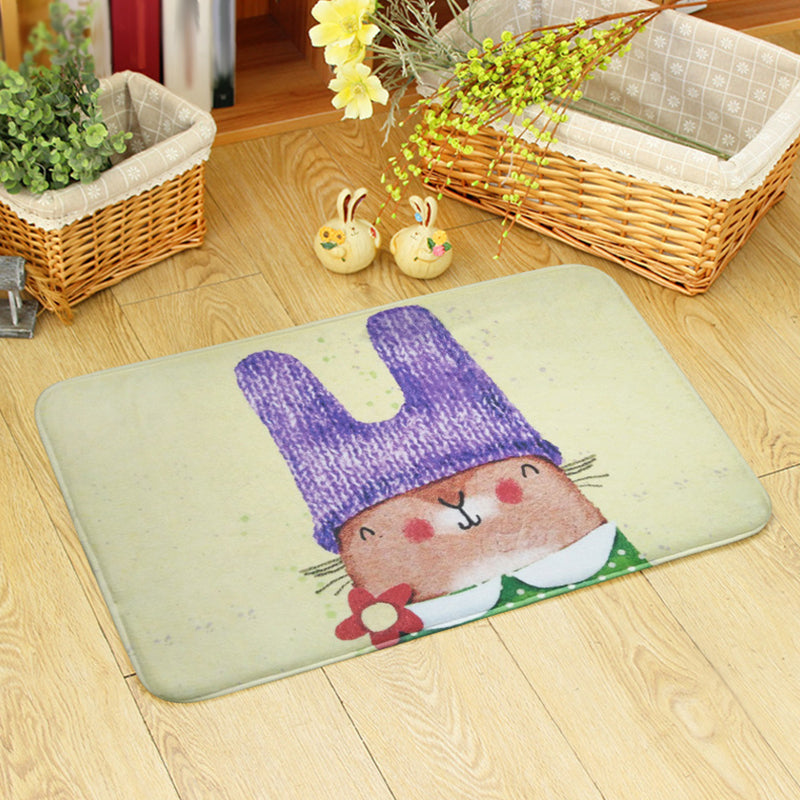 Blue and Green Nursery Rug Kids Animal Bear Rabbit Bee Pattern Area Rug Polyester Machine Washable Carpet Apricot 2' x 2'11