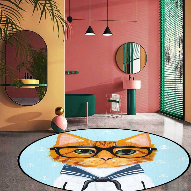 Kids Bedroom Rug in Green and Blue Animal Cat Glasses Print Rug Polyester Pet Friendly Area Rug Clearhalo 'Area Rug' 'Rug' 1649056