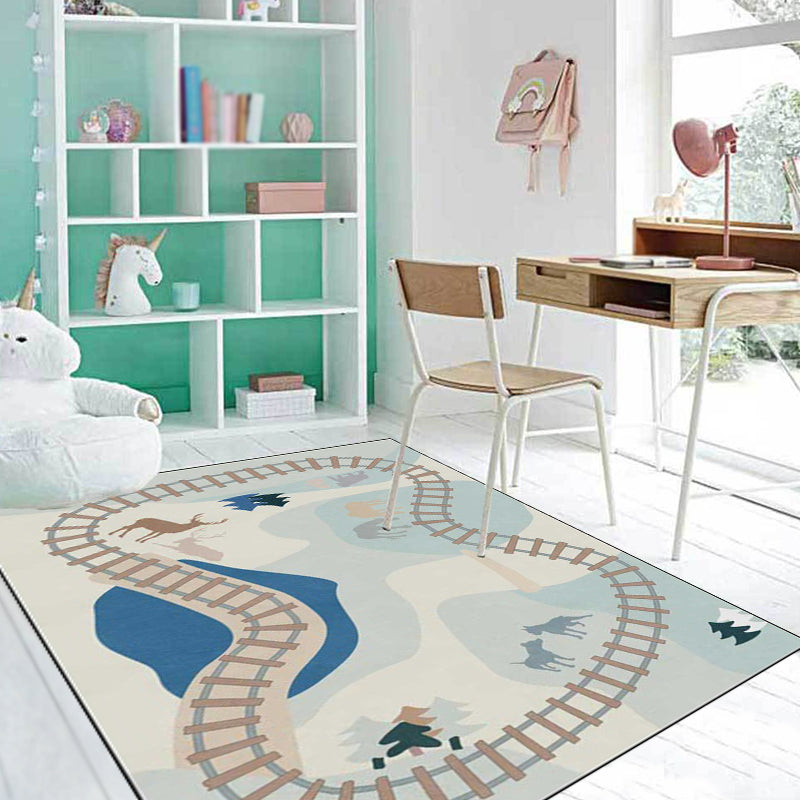 Casual Kids Rug in Blue Cars & Roads Deer Horse Tree Pattern Rug Polyester Anti-Slip Backing Carpet for Nursery Clearhalo 'Area Rug' 'Rug' 1649179