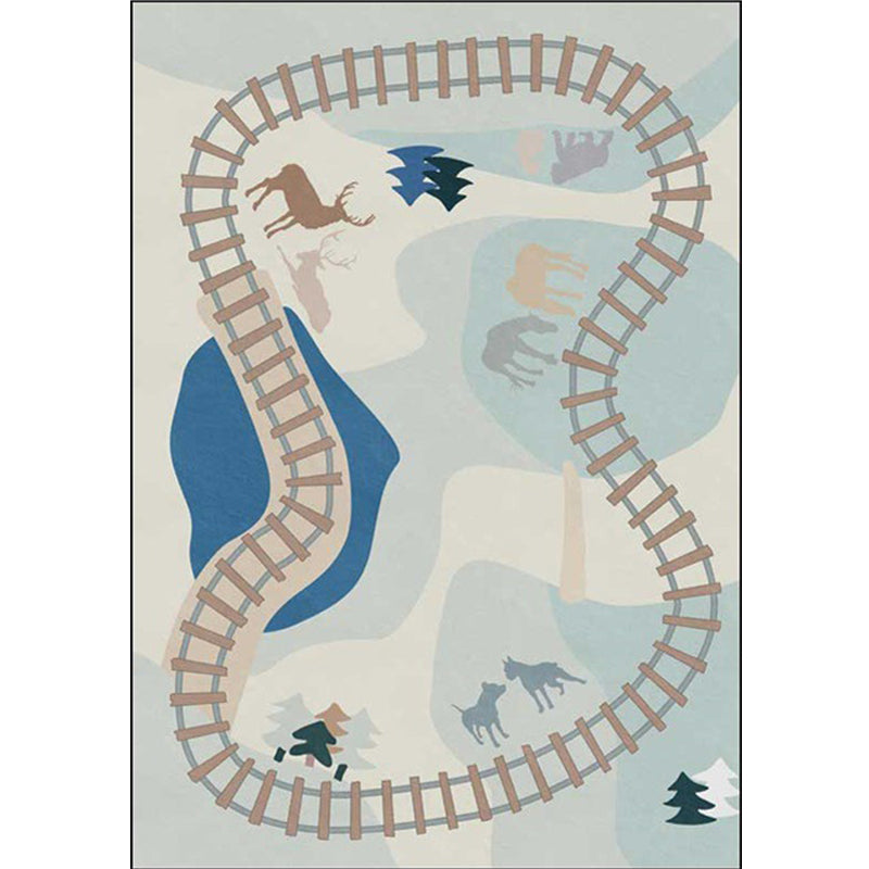 Casual Kids Rug in Blue Cars & Roads Deer Horse Tree Pattern Rug Polyester Anti-Slip Backing Carpet for Nursery Clearhalo 'Area Rug' 'Rug' 1649180