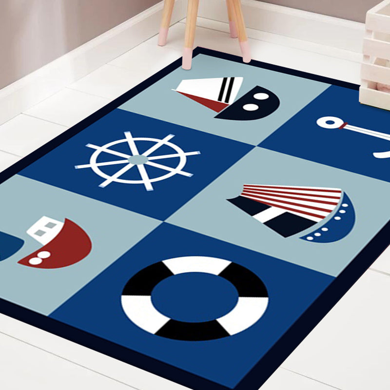 Kids Bedroom Rug in Blue Cars & Roads Ship Anchor Rudder Print Rug Polyester Machine Washable Area Rug Clearhalo 'Area Rug' 'Rug' 1649188