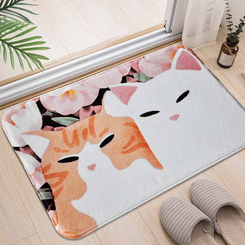 Kids Child's Room Rug in Pink and Yellow Animal Cats Flower Print Rug Polyester Non-Slip Backing Area Rug Clearhalo 'Area Rug' 'Rug' 1649231