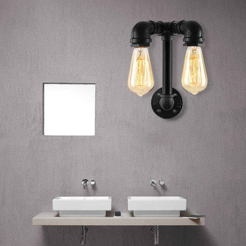 2 Lights Wall Lighting with Pipe and Open Bulb Metal Warehouse Style Bathroom Wall Mounted Lamp in Bronze/Black Black Clearhalo 'Art deco wall lights' 'Cast Iron' 'Glass' 'Industrial wall lights' 'Industrial' 'Middle century wall lights' 'Modern' 'Rustic wall lights' 'Tiffany' 'Traditional wall lights' 'Wall Lamps & Sconces' 'Wall Lights' Lighting' 164935