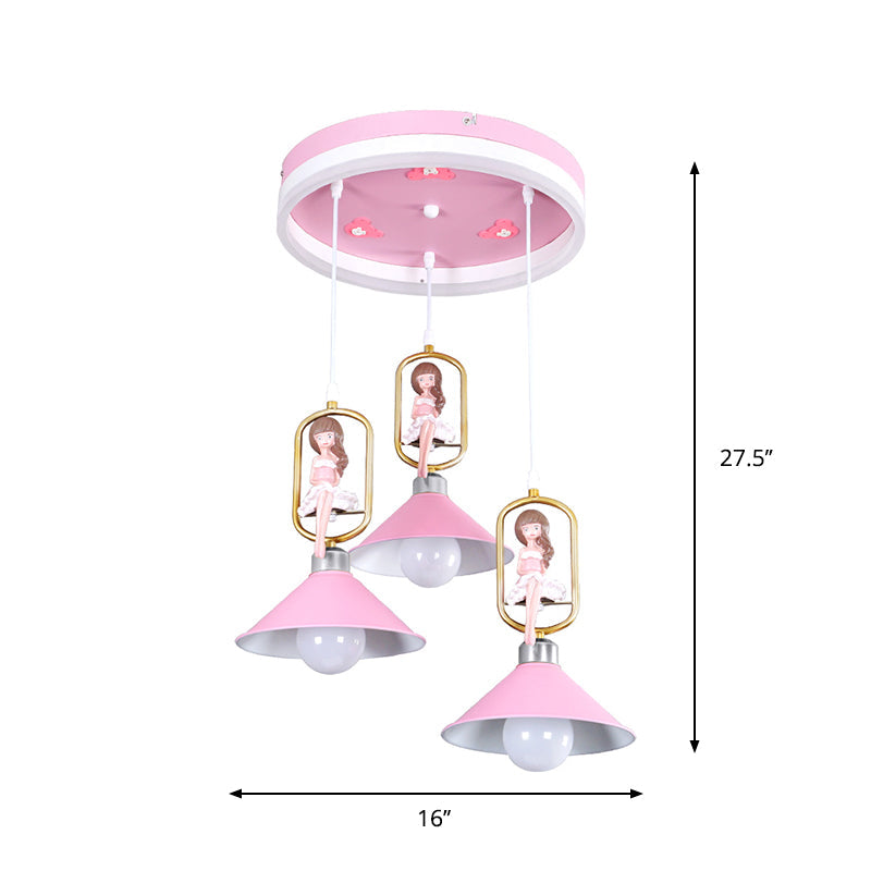 Metallic Bell Pendant Light Kit Cartoon 3 Bulb Hanging Lamp with Girl Decor in Pink Clearhalo 'Ceiling Lights' 'Pendant Lights' 'Pendants' Lighting' 1649367