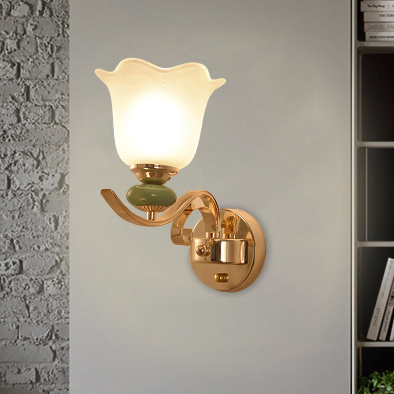 Floral Bedside Wall Lighting Retro Style Milky Glass 1/2-Light Gold Wall Mounted Lamp with Scroll Arm Clearhalo 'Wall Lamps & Sconces' 'Wall Lights' Lighting' 1649392