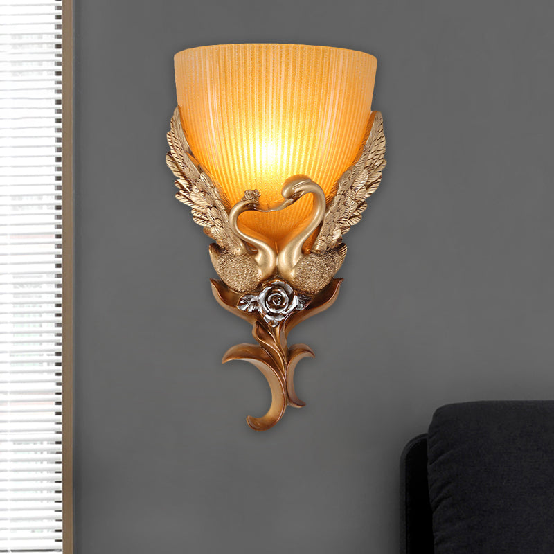 Gold Single Head Sconce Light Rustic Amber Fluted Glass Tapered Wall Mounted Lighting with Swan and Flower Design Gold Clearhalo 'Wall Lamps & Sconces' 'Wall Lights' Lighting' 1649529