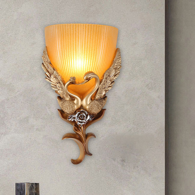 Gold Single Head Sconce Light Rustic Amber Fluted Glass Tapered Wall Mounted Lighting with Swan and Flower Design Clearhalo 'Wall Lamps & Sconces' 'Wall Lights' Lighting' 1649530