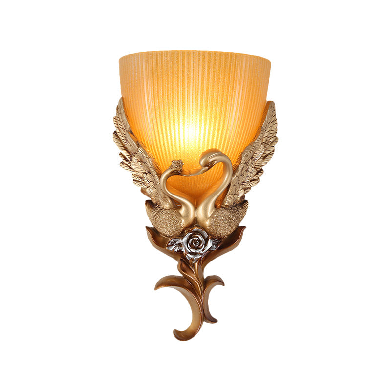 Gold Single Head Sconce Light Rustic Amber Fluted Glass Tapered Wall Mounted Lighting with Swan and Flower Design Clearhalo 'Wall Lamps & Sconces' 'Wall Lights' Lighting' 1649531