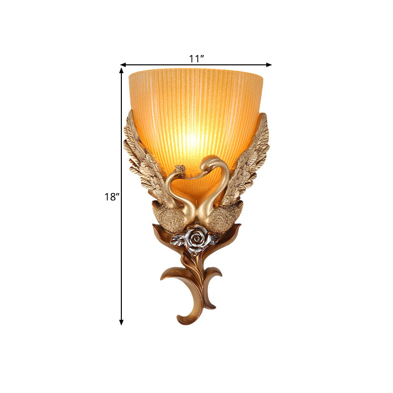 Gold Single Head Sconce Light Rustic Amber Fluted Glass Tapered Wall Mounted Lighting with Swan and Flower Design Clearhalo 'Wall Lamps & Sconces' 'Wall Lights' Lighting' 1649532