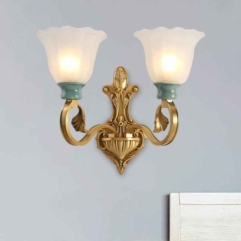 Milky Glass Brass Wall Sconce Blossom 1/2-Head Traditional Scroll Arm Wall Lighting Fixture with Ginkgo Leaf Decor Clearhalo 'Wall Lamps & Sconces' 'Wall Lights' Lighting' 1649582