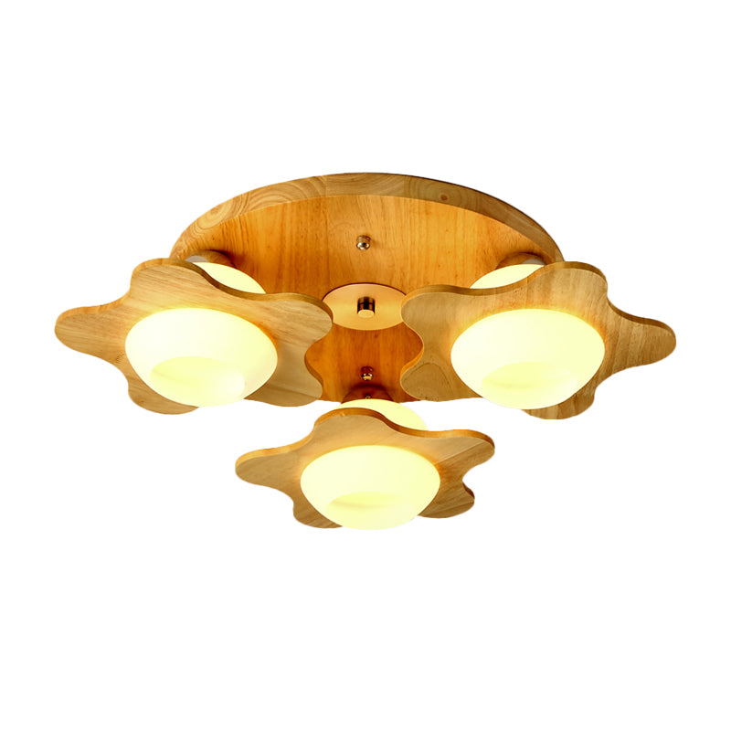 Wood Floral Semi Mount Modern 3/5 Lights Beige Flushmount Lighting with Sphere Milk Glass Shade Clearhalo 'Ceiling Lights' 'Close To Ceiling Lights' 'Close to ceiling' 'Semi-flushmount' Lighting' 1649605