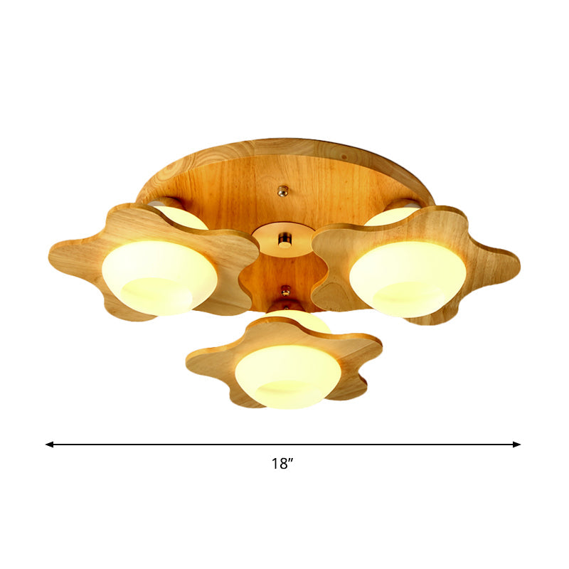 Wood Floral Semi Mount Modern 3/5 Lights Beige Flushmount Lighting with Sphere Milk Glass Shade Clearhalo 'Ceiling Lights' 'Close To Ceiling Lights' 'Close to ceiling' 'Semi-flushmount' Lighting' 1649606