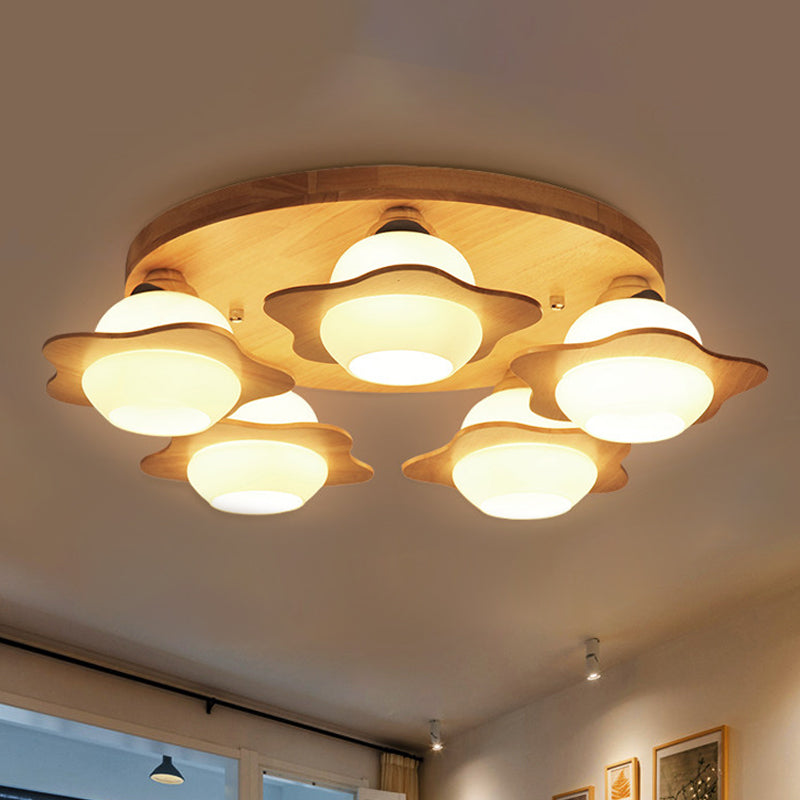 Wood Floral Semi Mount Modern 3/5 Lights Beige Flushmount Lighting with Sphere Milk Glass Shade Clearhalo 'Ceiling Lights' 'Close To Ceiling Lights' 'Close to ceiling' 'Semi-flushmount' Lighting' 1649608