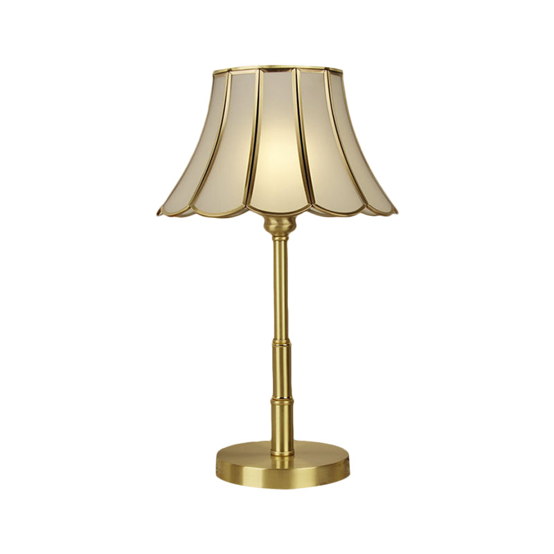 Scalloped Bedside Desk Lamp Vintage White Glass 1-Bulb Brass Reading Book Lighting Clearhalo 'Lamps' 'Table Lamps' Lighting' 1649626