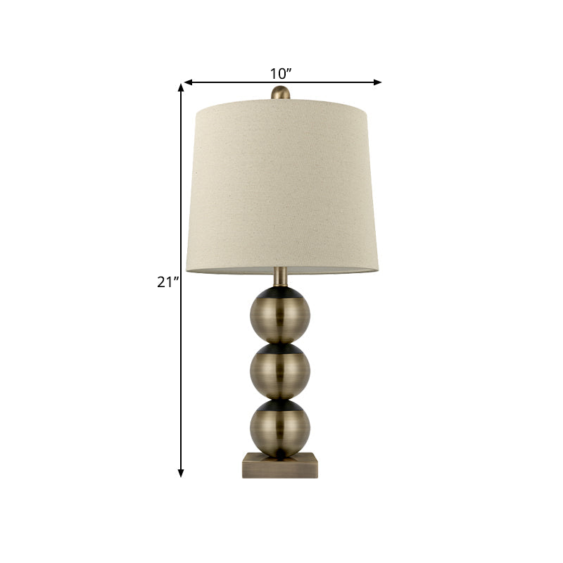 1 Head Barrel Night Light Traditional Brown Fabric Reading Book Lighting with 3 Brass Orbs Design Clearhalo 'Lamps' 'Table Lamps' Lighting' 1649649