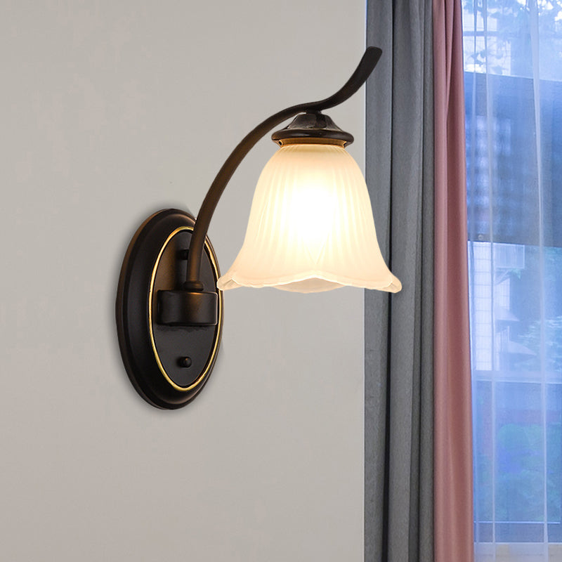 Single Head Sconce Light Countryside Flower Shape Cream Glass Wall Mounted Lamp in Black Clearhalo 'Wall Lamps & Sconces' 'Wall Lights' Lighting' 1649742