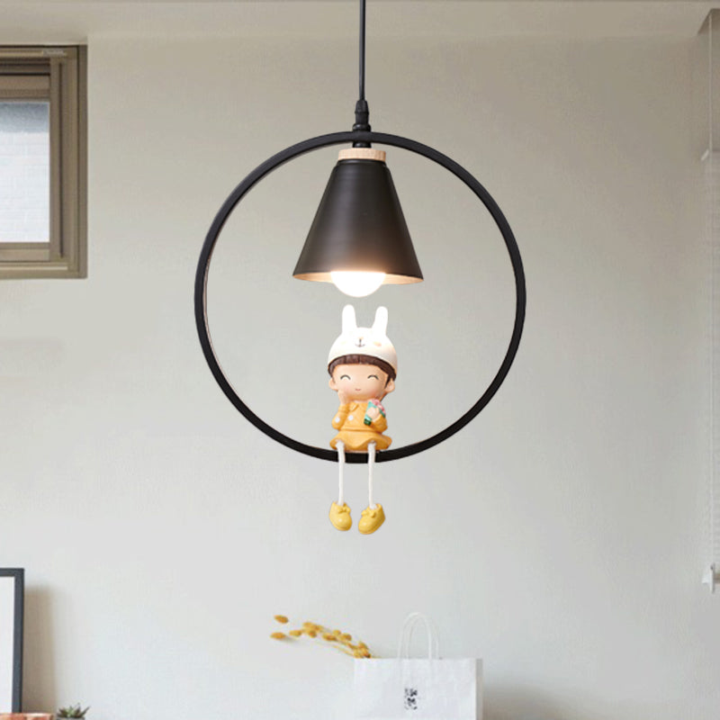 Cartoon Tapered Hanging Light Metal 1 Light Bedroom Pendant Lamp with Ring and Girl/Boy/Deer Decor in Black/White Clearhalo 'Ceiling Lights' 'Pendant Lights' 'Pendants' Lighting' 1649800