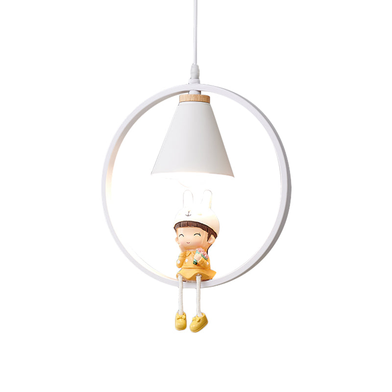 Cartoon Tapered Hanging Light Metal 1 Light Bedroom Pendant Lamp with Ring and Girl/Boy/Deer Decor in Black/White Clearhalo 'Ceiling Lights' 'Pendant Lights' 'Pendants' Lighting' 1649808