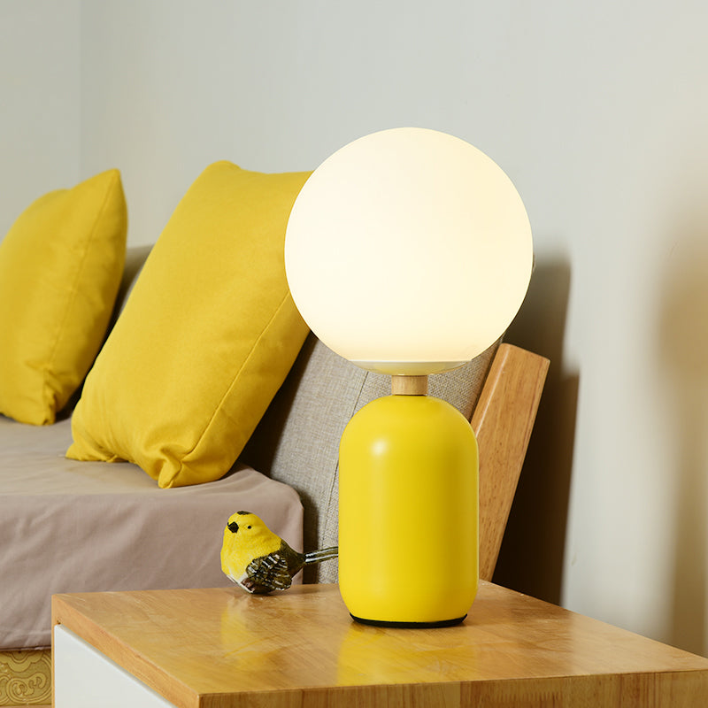 Global White Glass Night Table Lamp Nordic 1-Bulb Grey/White/Pink Reading Book Light with Cylinder Base Yellow Clearhalo 'Lamps' 'Table Lamps' Lighting' 1649918