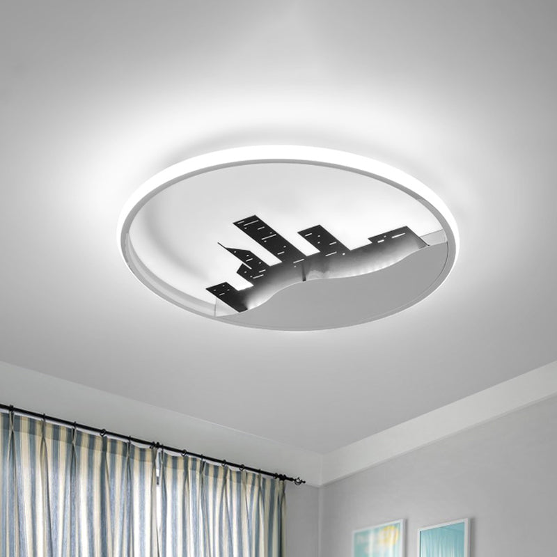 White Round Flush Light Fixture Modern LED Acrylic Flush Mount with Building Decor in Warm/White Light Clearhalo 'Ceiling Lights' 'Close To Ceiling Lights' 'Close to ceiling' 'Flush mount' Lighting' 1649967