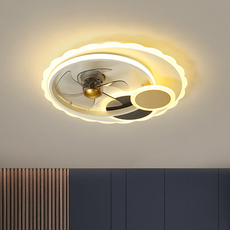 5-Blades Round Hanging Fan Light Contemporary Metal Dining Room LED Ceiling Mount Fixture in Black, 19.5
