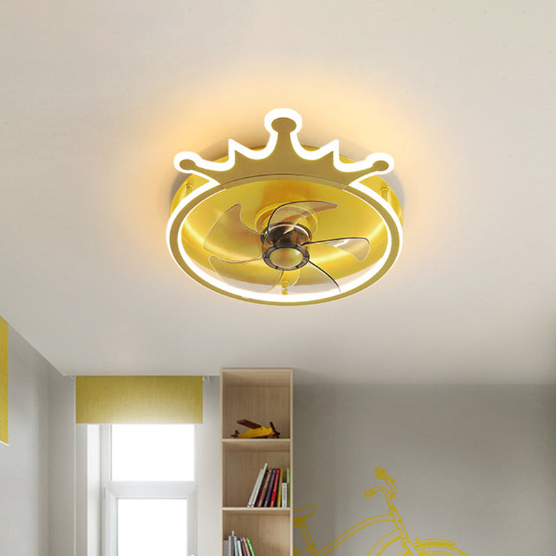 5-Blade LED Bedroom Pendant Fan Light Modern Gold Semi Flush Mount Lighting with Crown Shape Acrylic Shade, 16