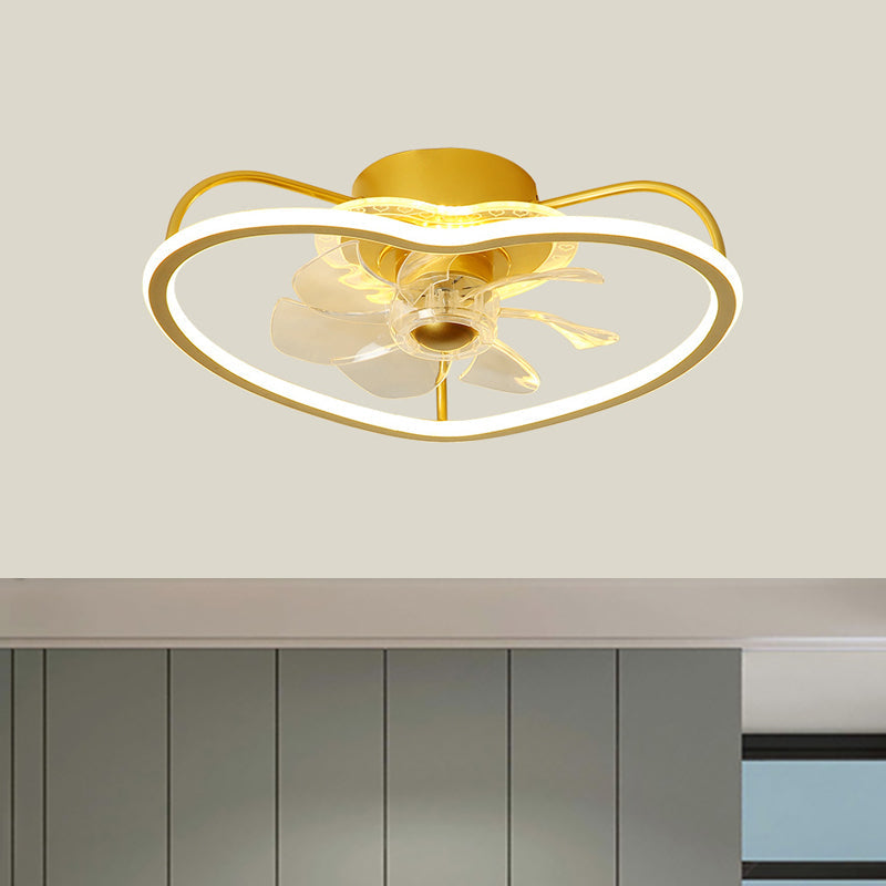 7 Blades Modernist LED Ceiling Fan Fixture with Metallic Gold/Black Heart Shape Design Semi Flush Ceiling Lamp, 16.5