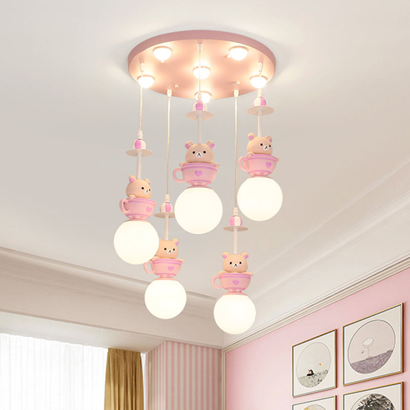 5-Light Nursery Room Suspension Lamp Modern Pink Multi Light Pendant with Global Cream Glass Shade, Warm/White Light Pink Clearhalo 'Ceiling Lights' 'Pendant Lights' 'Pendants' Lighting' 1650470_2b4146c3-5bed-476a-a588-7707a4045e06